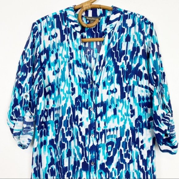 Tommy Bahama | Watercolour Print Button Front Shirt Dress Roll Tab Sleeve Size S - Picture 2 of 9